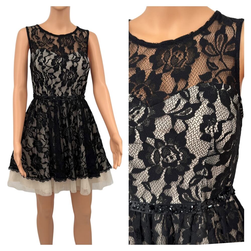 B. Darlin Womens Black Floral Lace Dress with Tulle Sz 7/8 Homecoming Party Prom - Picture 3 of 13
